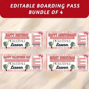 Op de afbeelding: Een bundel van vier bewerkbare boarding passes met een rood-witte gestreepte achtergrond. Elke pas is gethematiseerd voor een andere gelegenheid, met een pickleball-afbeelding en ruimte om details in te vullen.