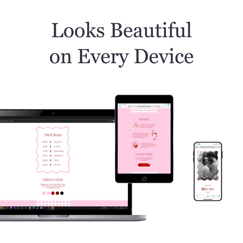 Pu&ograve; includere: Un laptop, un tablet e uno smartphone mostrano un sito web con un tema rosa e bianco. Il laptop mostra un programma e un codice di abbigliamento, il tablet mostra dettagli e chat degli ospiti e il telefono mostra una foto.