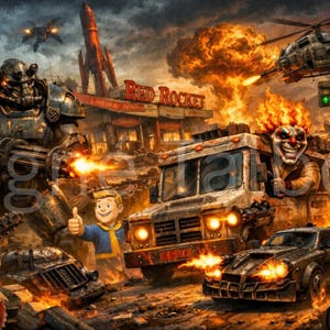 May include: A digital art print depicting a post-apocalyptic scene with a Red Rocket gas station, a power armor soldier, and a smiling Vault Boy. A burning truck with a clown and a car are also present. The image is filled with fire and explosions.