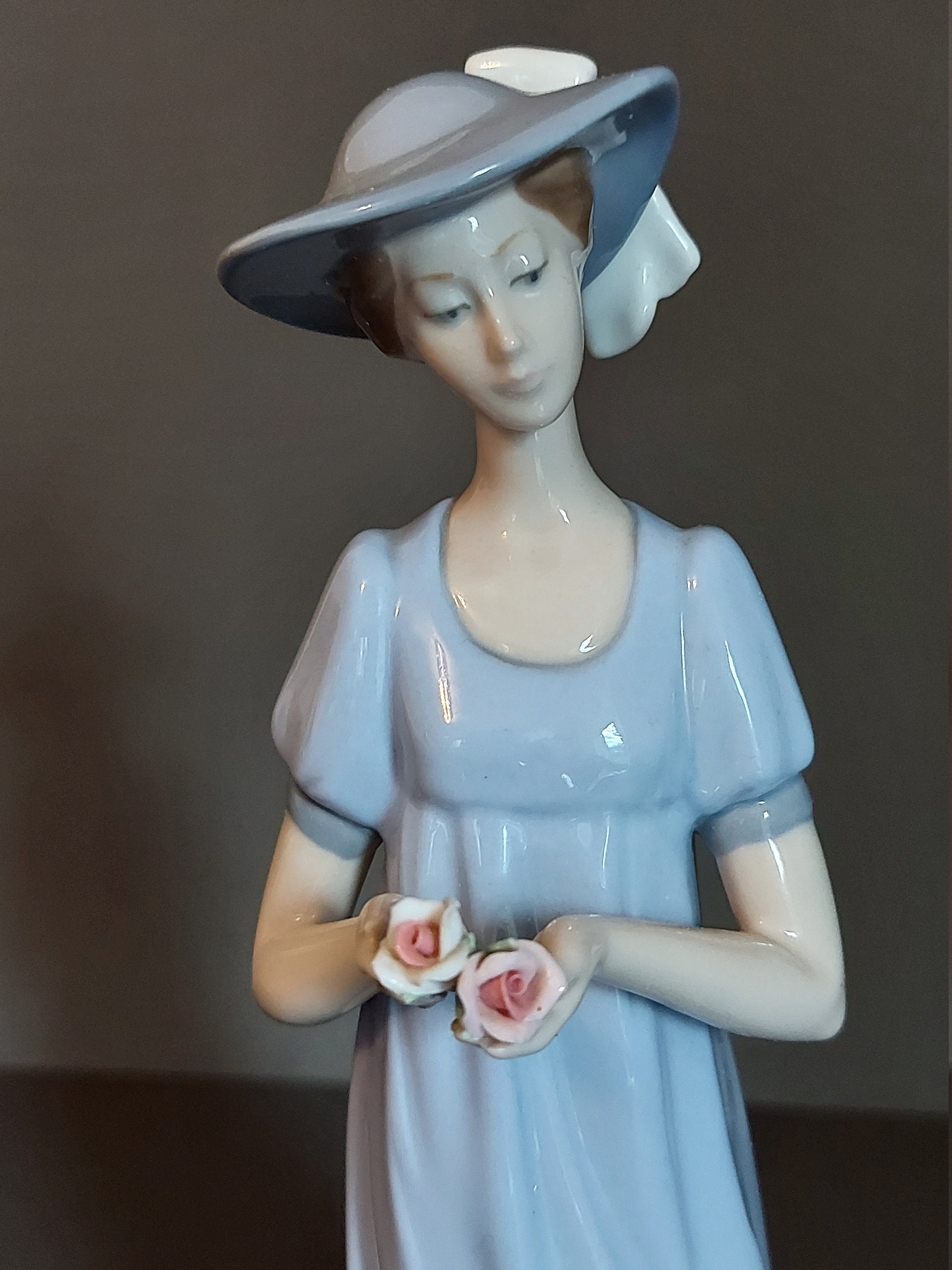 Spanish Porcelain figure of a lady in blue with hat and rose Etsy