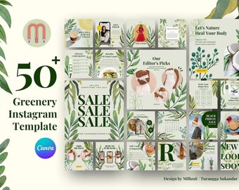 50 Greenery Instagram Canva Template Bundle | Social Media Canva | Watercolor Leaves PNG and Line Art SVG Clipart | Spring Design Aesthetic