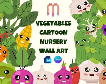 Customizable Vegetables Cartoon Nursery Wall Art | Printable Canva Template | Editable Nursery Decoration | Vegan Vegetarian Kids Poster