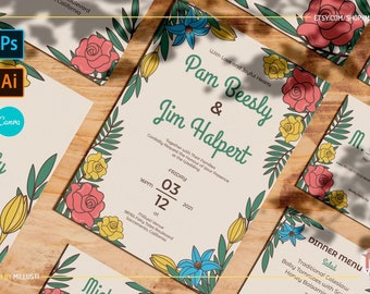 Rose and Lily Foliage Wedding Invitation Suite | Set Canva Template Download with RSVP Greenery Floral Natural Flower SVG | Vector Included