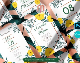 Green Yellow Foliage Wedding Invitation Suite Template Set | BOHO Watercolor Nature Flowers | With RSVP Table Menu Bridal Groom Shower