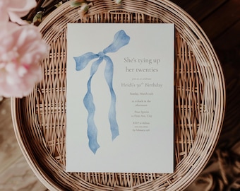 Shes Tying Up Her Twenties Invitation, 30th Birthday (Editable Template, Digital Instant Download)