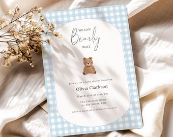 Teddy Bear Baby Shower Invitation, Blue Gingham (Editable Template, Digital Download)
