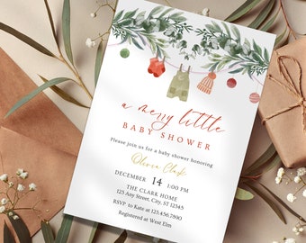 Little Merry Christmas Baby Shower Invitation: Winter Greenery (Instant Download PDF Template)