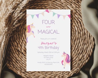 Four Ever Magical Unicorn Birthday Invitation (Editable Template, Digital Download)