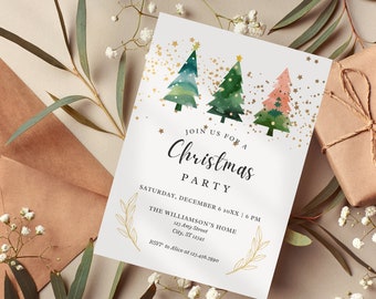 Editable Christmas Party Invitation: Watercolor Trees, Gold Stars (PDF Template)
