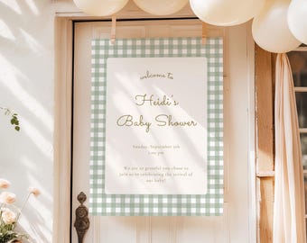 Green Gingham Baby Shower Welcome Sign: Editable Farmhouse Template (Digital Download, 16x20/18x24/24x36 in)