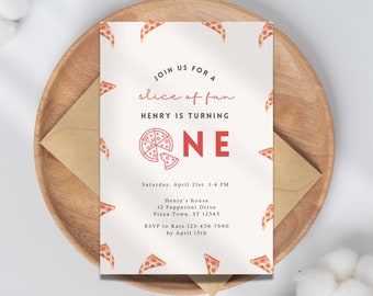 Pizza 1st Birthday Invitations | Kids Pizza Party Invite | Pizza Parlor Party | First Bday Pizza Party | Slice Slice Baby First Birthday A5