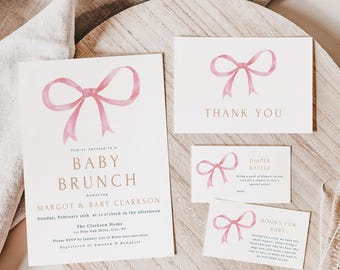 Vintage Pink Bow Baby Shower Invitation Bundle: Editable Brunch Sprinkle (Digital Download A15)