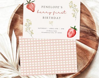 Pink Gingham Strawberry First Birthday Invitation: Berry Sweet (DIY Printable PDF Template 7x5" ) L25