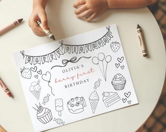 Berry First Birthday Coloring Placemat: Strawberry Party Favor (Digital Download L25)