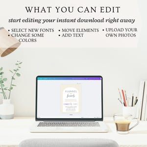 May include: A laptop screen displaying a digital design template for a "Flannel and Friends" event. The template features a yellow and white gingham pattern and the text "Flannel and Friends" in a handwritten font. The text "Friendsgiving" is also included in the template. The laptop is on a white desk with a cup of coffee and pencils.