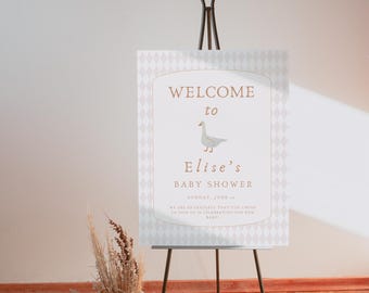 Silly Goose Baby Shower Welcome Sign: Beige Gingham, Nursery Rhyme (Digital Download A13)