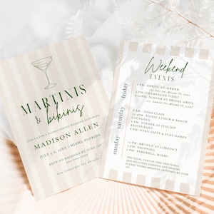 Può includere: Un invito a strisce rosa e bianche con il testo "Martini's & Bikinis" e le parole "Join us for a bachelorette weekend honouring Madison Allen" in testo verde. L'invito include la data "July 4-6, 20XX" e la posizione "Miami, Florida". L'invito include anche le informazioni RSVP: "RSVP to Brianna by June 1st 000-000-0000" e "See itinerary for details". Sul lato destro dell'immagine c'è una carta a strisce bianche e rosa con il testo "Weekend Events" in testo verde. La carta elenca gli eventi del fine settimana, tra cui un brindisi con champagne, una cena in un grill nuziale, una lezione di yoga, un pranzo al sacco e relax in spiaggia, una cena in un ristorante italiano, regali aperti e giochi, un brunch da Loreda's, shopping e un addio a Miami.