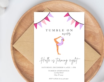 Girls Birthday Invitation Gymnastics | Gymnastics Party Invitation | Editable Template | Let&#39;s Tumble On Over Party | Instant Access | L18