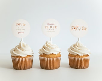Three I E I O Cupcake Topper: Watercolor Farm Animals 3rd Birthday (Digital PDF) A27