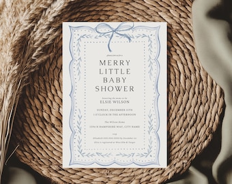 A Merry Little Baby Shower Invitation, Watercolor Blue Ribbon (Editable Canva Template, Instant Download)