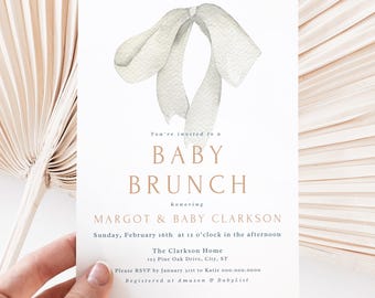 Baby Brunch Sprinkle Invitation: Vintage Bow, Gender Neutral (Editable Canva Template, Instant Download) A14