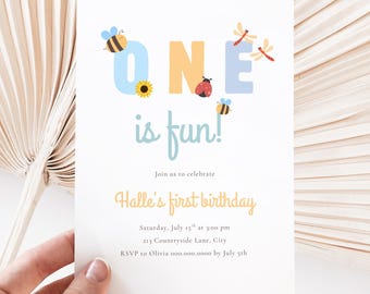 One Is Fun Birthday Invite | 1st Year Editable Template | Digital Download | Girl Boy Evite | Summer Spring Ladybug