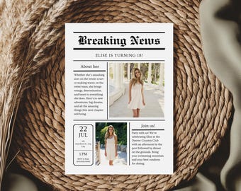 Newspaper Birthday Invitation with Pictures (Editable Template, Digital Instant Download)