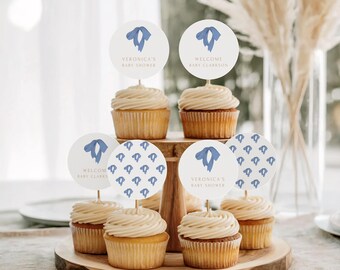 Blue Bow Baby Shower Cupcake Toppers: Vintage Brunch Decor (Canva Template - Digital Download) A20