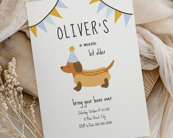 Weenie Bit Older Dog Invitation, Hot Dog Party, Fun Kids Birthday (Editable Template, Digital Download)