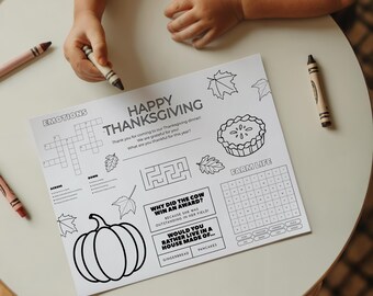 Fall Activity Placemat, Printable Kids Coloring Page 8.5x11 (Editable Template, Digital Download)