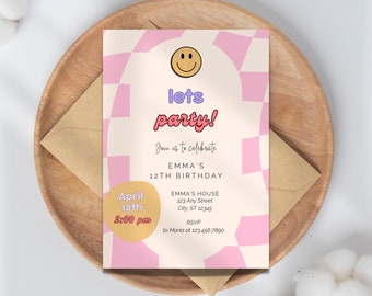 Preppy Smiley Face Birthday Invitation: Hot Pink Party (Digital Download) A28