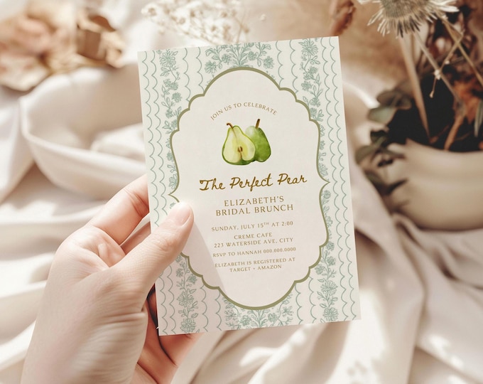 Featured listing image: Perfect Pear Bridal Shower Invitation (Editable Canva Template, Digital Instant Download)