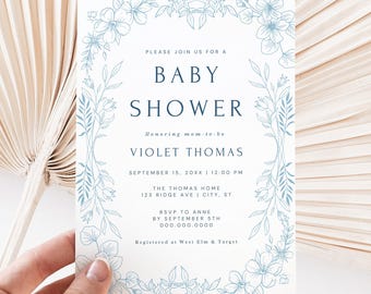 Heirloom Baby Shower Invitation Template: Preppy Southern, Dusty Blue Florals (DIY Editable Canva PDF)