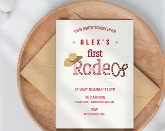 First Rodeo Birthday Invitation Boy, Cowboy Theme (Editable Template, Digital Download)