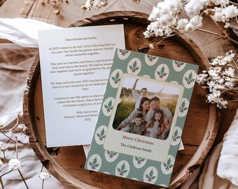 Printable Family Christmas Card with Photo and Letter, Holly Berry (Editable Template, Digital Download) A37