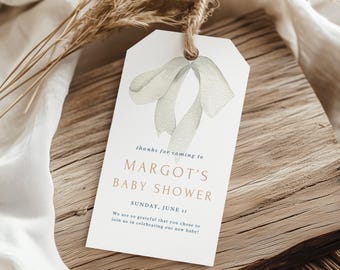 Vintage Bow Baby Shower Favor Tag, White Ribbon, Gender Neutral Baby Brunch (Editable Template, Digital Download) A14
