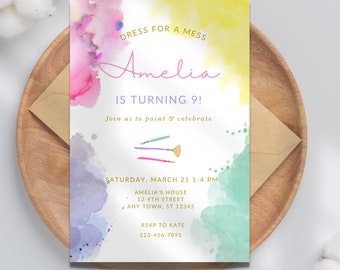 Art Birthday Party Invitation: Dress For A Mess, Colorful Paint Theme (Instant Download) A10