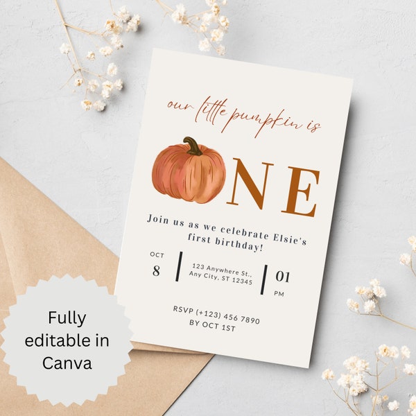 Editable Pumpkin First Birthday Invitation, Fall Autumn 1St Birthday Invites, Little Pumpkin First Birthday Invitation Template, Canva