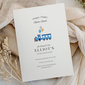 May include: A white invitation card featuring a blue train illustration and the text "chugga, chugga choo choo." The card reads "all aboard for ELLIOT'S THIRD BIRTHDAY" with event details. The card is on a neutral background.