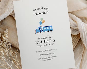 Train Themed 4th Birthday Invitation, Choo Choo, All Aboard (Editable Template, Digital Download)