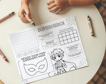 Superhero Coloring Placemat: Personalized Kids Party Activity (PDF Download 11x8.5")
