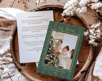 Personalized Family Christmas Card with Photo and Letter, Green and Gold (Editable Template, Digital Download) A37