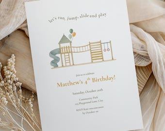 Playground Birthday Invitation Watercolor, Gender Neutral Kids Outdoor Party Invite (Editable Template, Digital Download)
