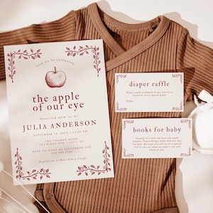 Paquete de baby shower Apple Of Our Eye / Plantillas editables / Invitación de otoño / Tarjeta de libros para bebé / Rifa de pañales / Género neutro A6