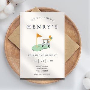 Hole In One 1st Birthday Invitation: Golf Party Theme (DIY Canva Template)