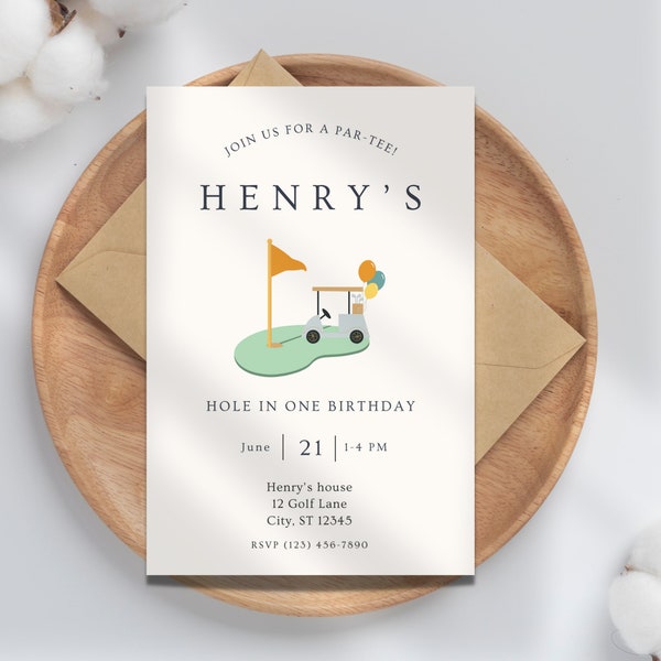 Hole In One First Birthday Invitation | Boys Golf 1st Birthday Invite | Kid Birthday | Lets Par-Tee | Invitation Template | Golf Party Theme