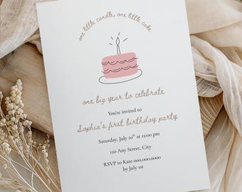Pink 1st Birthday Invitation: Cake, Candle, Editable Canva Template (Instant Download)