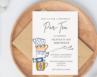 Tea Party First Birthday Invitation: Editable Template (Digital Download)