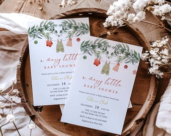 Winter Wonderland Baby Shower Invitation: Evergreen & Gold (Canva Template - Digital Download L57