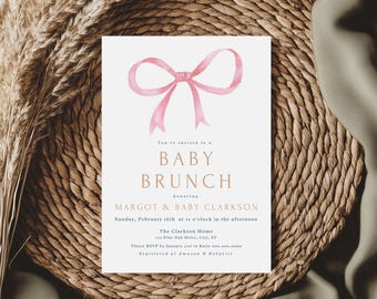 Baby Brunch Sprinkle Invitation: Pink Bow, Donuts & Diapers (Editable Canva Template, Digital Download)